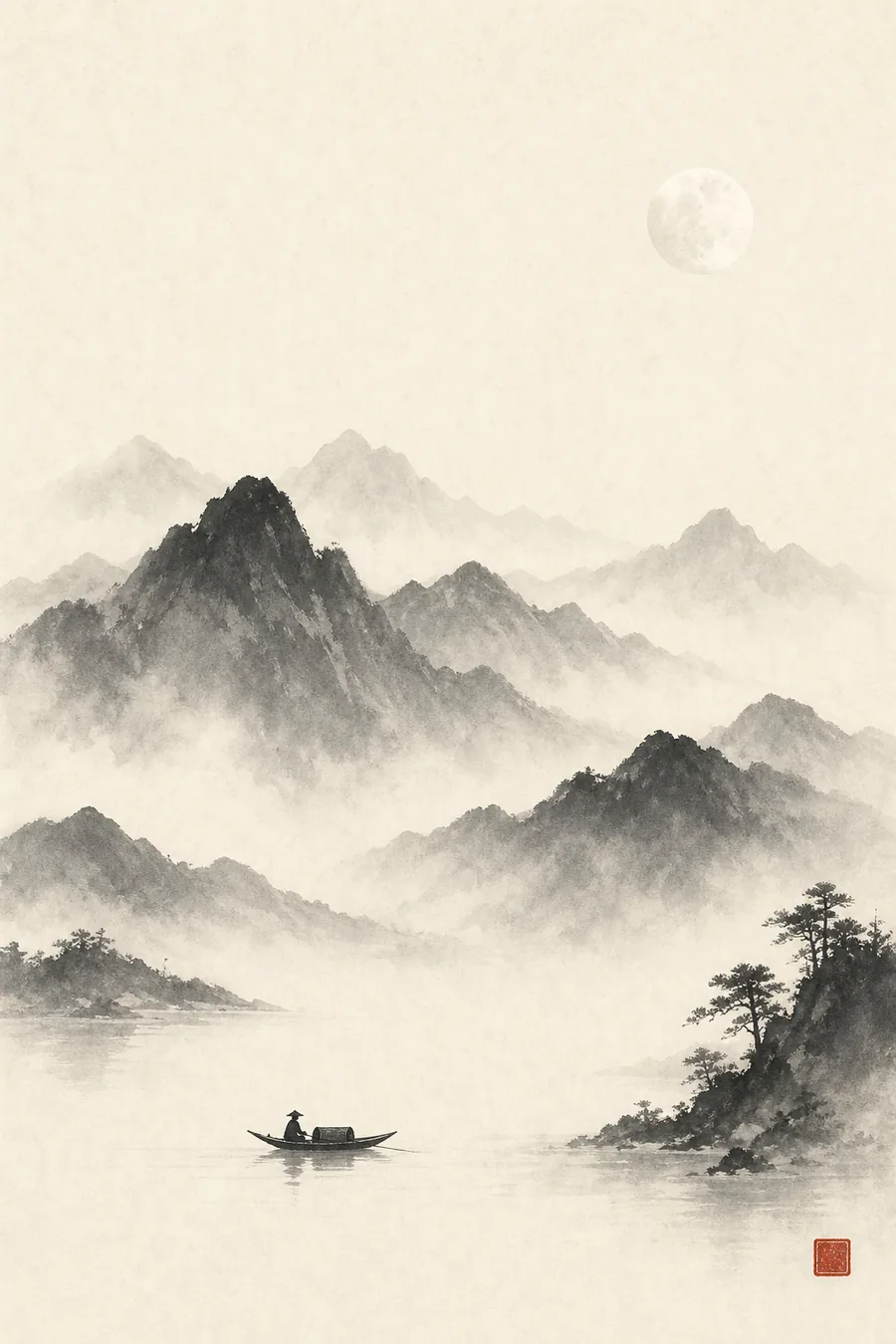 水墨:遠山、淡月與一葉小舟