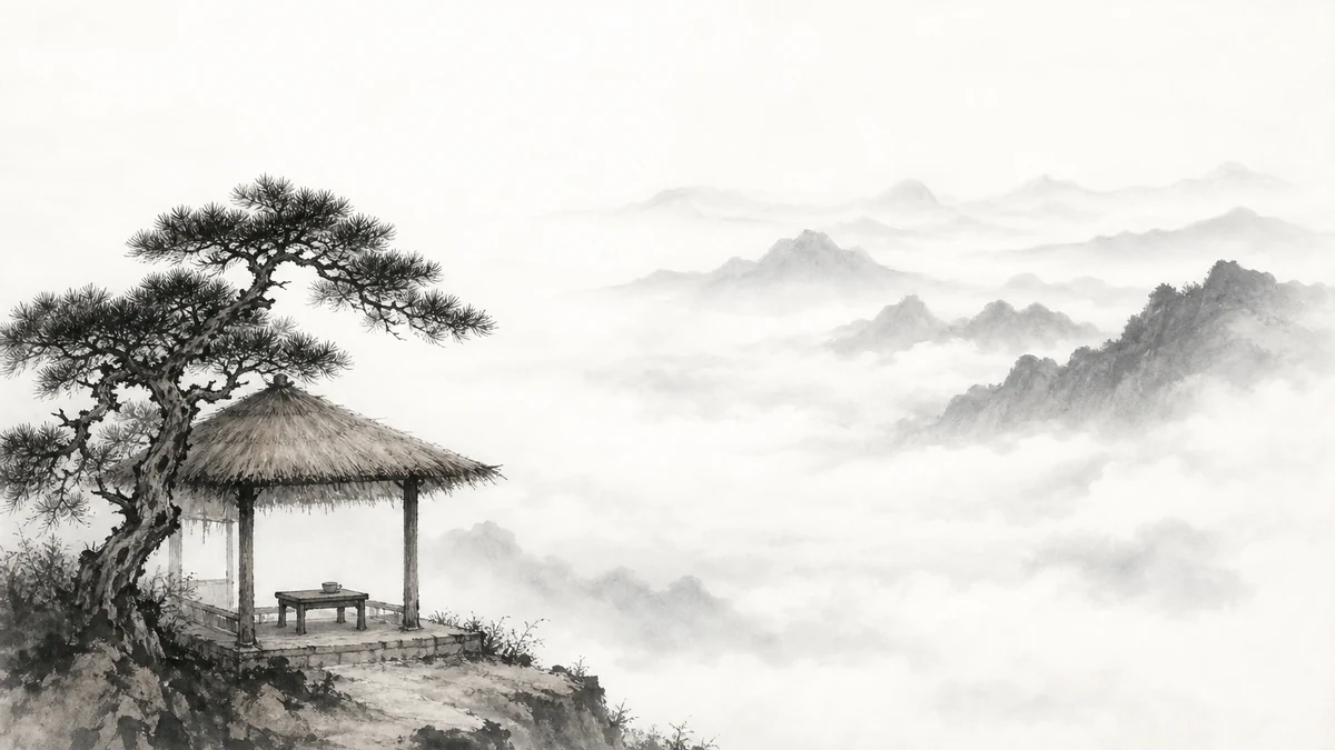 水墨:松樹下一座空茅亭,面對遼闊雲海遠山,象徵中年獨處的自在與成熟