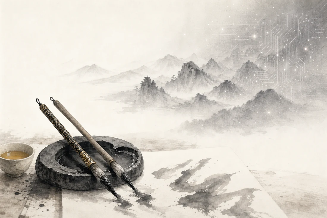 水墨:書案上一方硯台,旁邊並列華美與樸素兩支毛筆蘸著同一硯的墨,遠山漸層化為電路紋——象徵平價的開源之筆接手同樣的工作