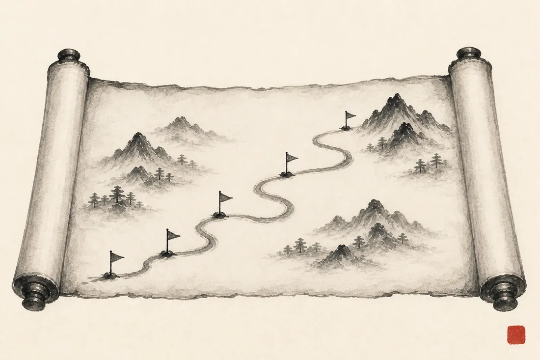 水墨:展開的地圖卷軸,路線、小旗與山形記號